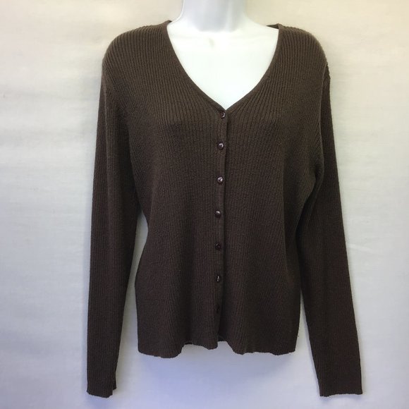 Express Women's Sweater Brown Ribbed Button Up V Neck Knit Long Sleeve Size L - Picture 1 of 6